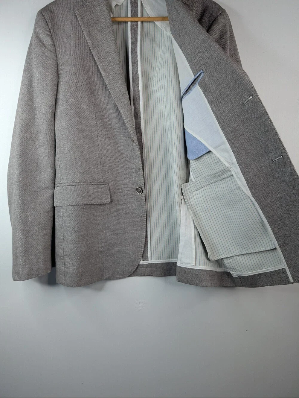 Zara Man Light Gray Single-Breasted Cotton Blazer w/ Fine Micro-Stripes Size 42